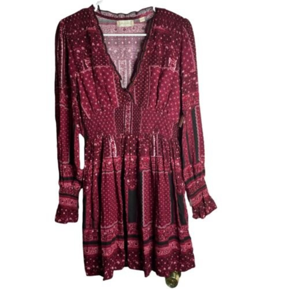 Altard State Dress M Smocked Waist Red Bandana Boho Summer Long Sleeve Boho New